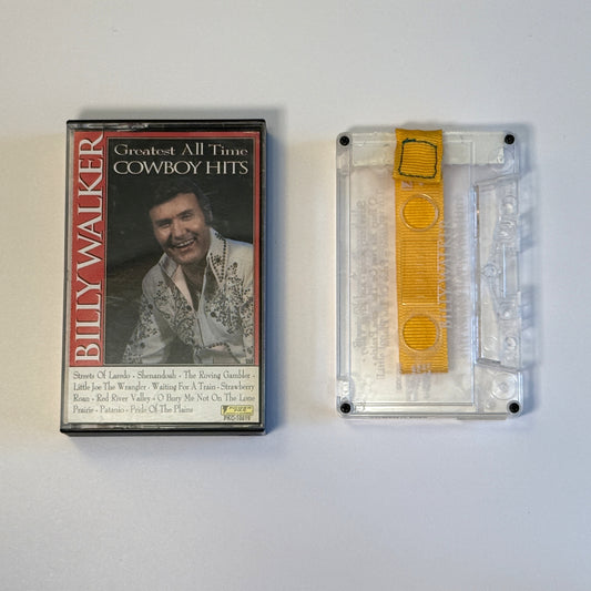 Billy Walker Greatest All Time Cowboy Hits clear cassette wallet with a yellow pull tab beside the original case