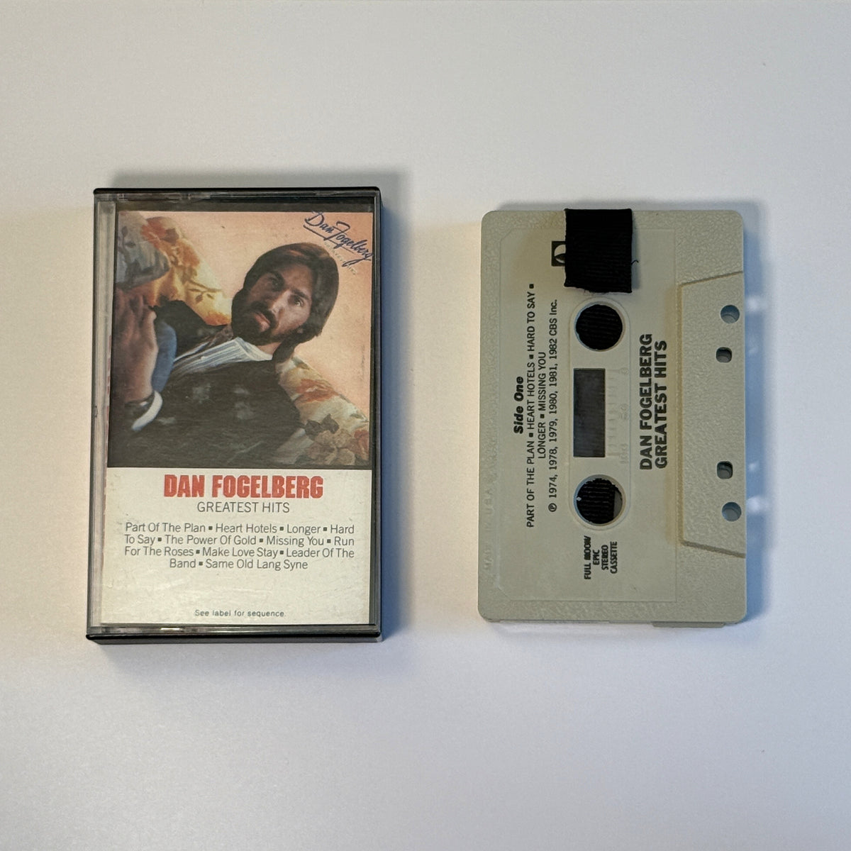 Dan Fogelberg Greatest Hits gray cassette wallet with a black pull tab beside the original case